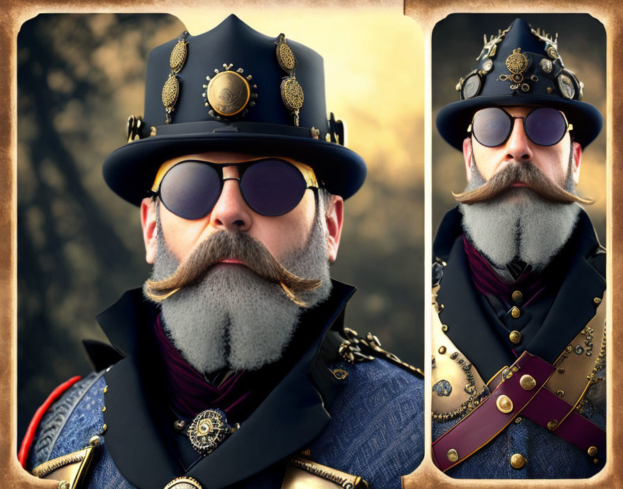 Steampunk-inspired man with top hat, goggles, military jacket, and distinctive facial hair