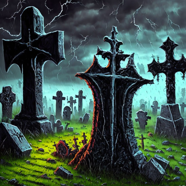 Gothic cemetery scene with lightning, tombstones, cross, and fiery crack