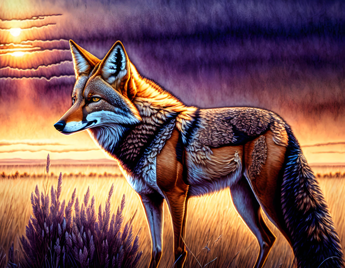 Fox in field with purple flora under dramatic sunset sky