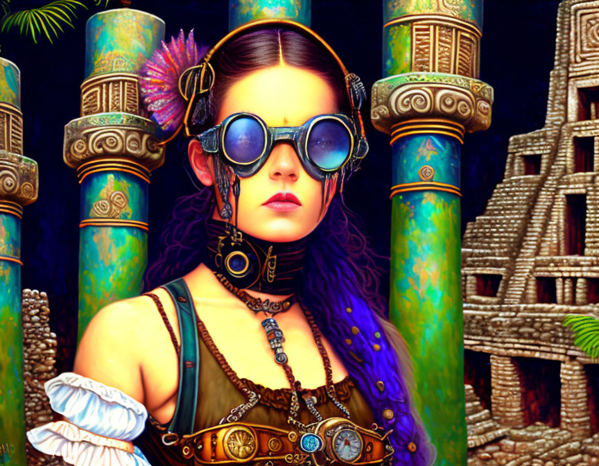 Steampunk girl with purple hair in vibrant fantasy setting