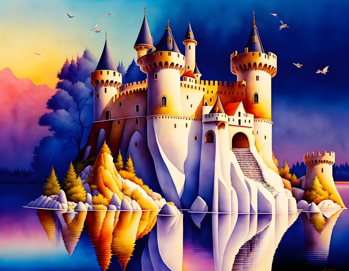 Majestic castle with spires, colorful trees, purple sky, and flying birds