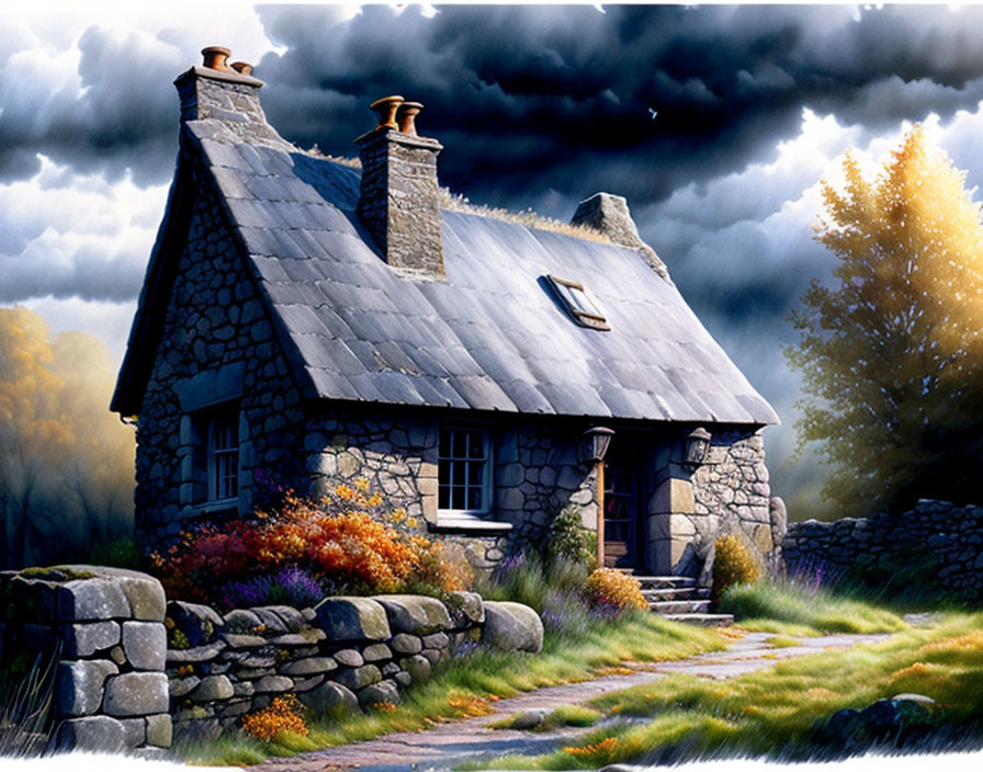 Stone Cottage in Serene Autumn Landscape