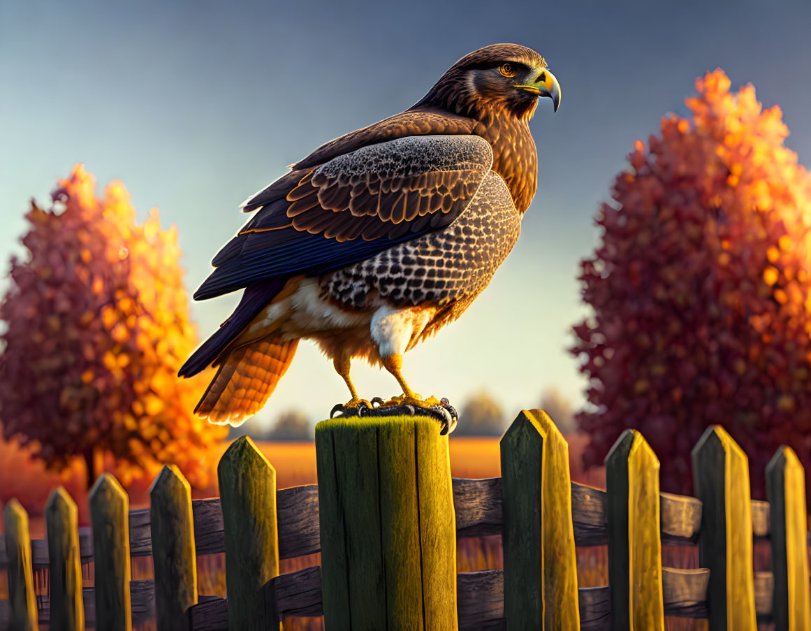 Majestic hawk on wooden fence with autumn trees at sunset