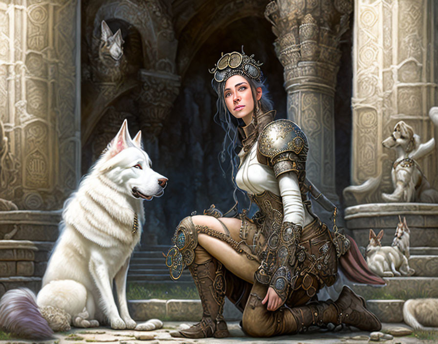 Medieval armor woman with white dog and castle ruins in the background