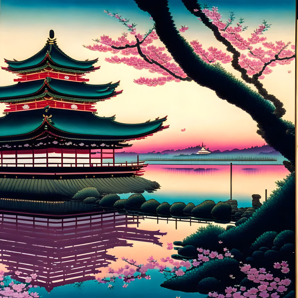 Tranquil multi-tiered pagoda by lake with cherry blossoms at dusk