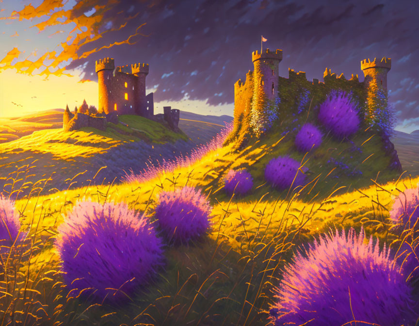 Fantasy landscape: castle on hill, sunset, purple flowers, vibrant sky