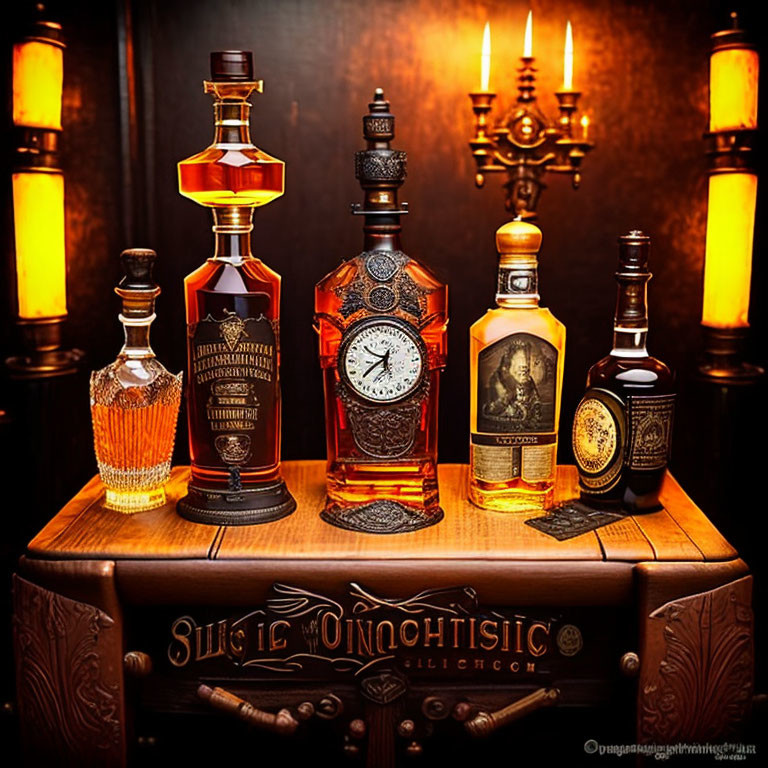 Ornate Whiskey Bottles and Vintage Clock on Wooden Surface