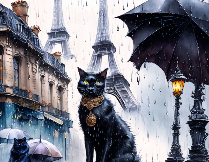 Digital painting: Black cat with necklace and umbrella in Paris rain