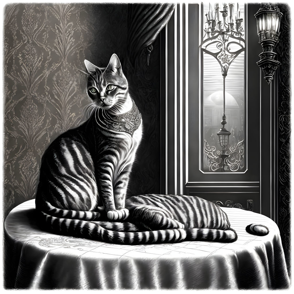 Monochrome striped cat on cushion by window with ornate street lamps