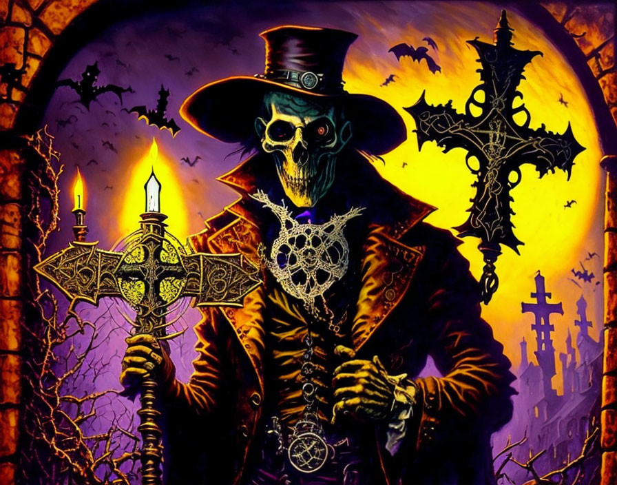 Skeletal figure in top hat with candelabra and cross in gothic setting