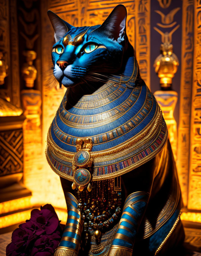 Egyptian Cat Statue with Blue and Gold Details on Hieroglyphic Background