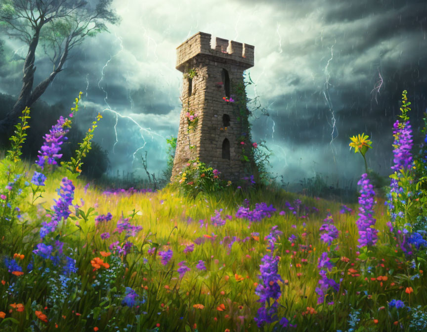 Stone tower in flower-filled meadow under stormy sky with lightning strikes