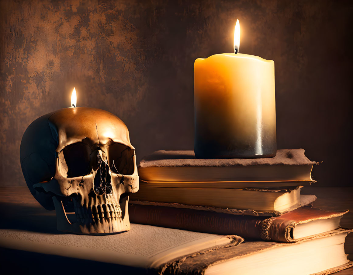 Human skull, candle, aged books on dark background - Moody Gothic scene