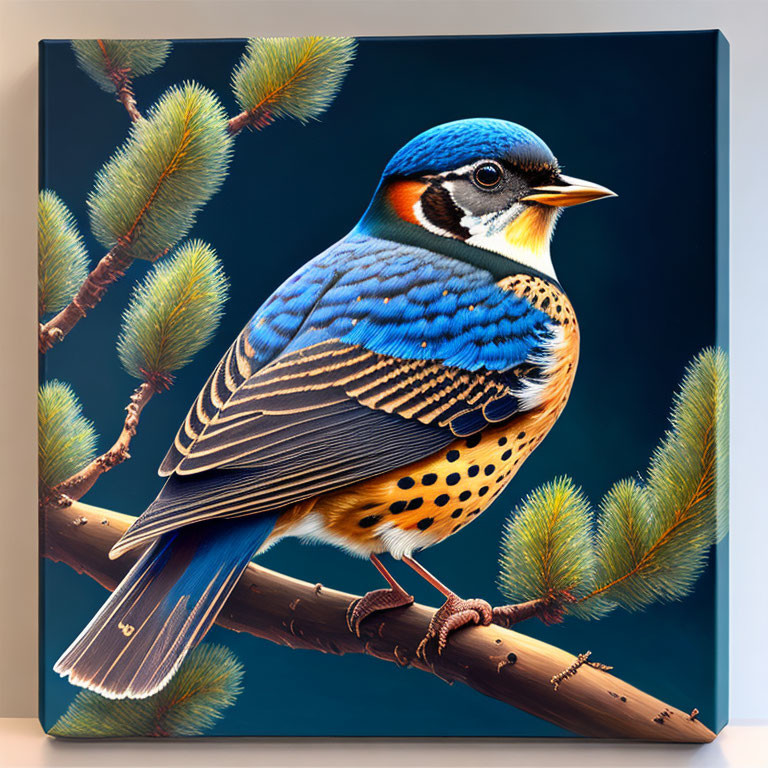 Vibrant bird illustration perched on branch with blue and orange plumage