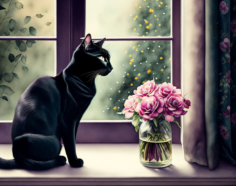 Black Cat with Pink Roses and Raindrops on Window Sill