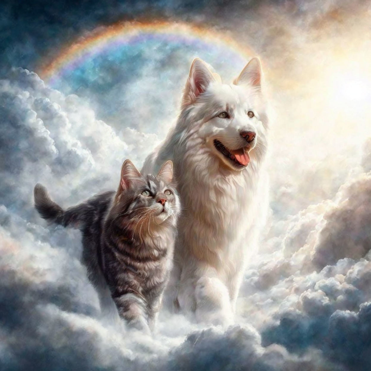 Fluffy dog and tabby cat on clouds with rainbow landscape