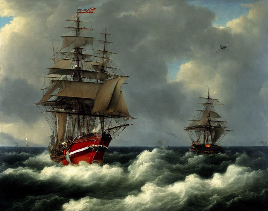 Stormy seas with two sailing ships and airplane in dark sky