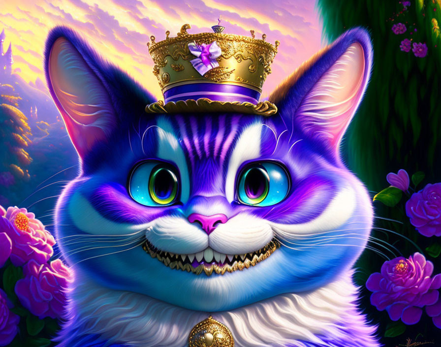 Whimsical royal cat with blue fur and crown among pink flowers