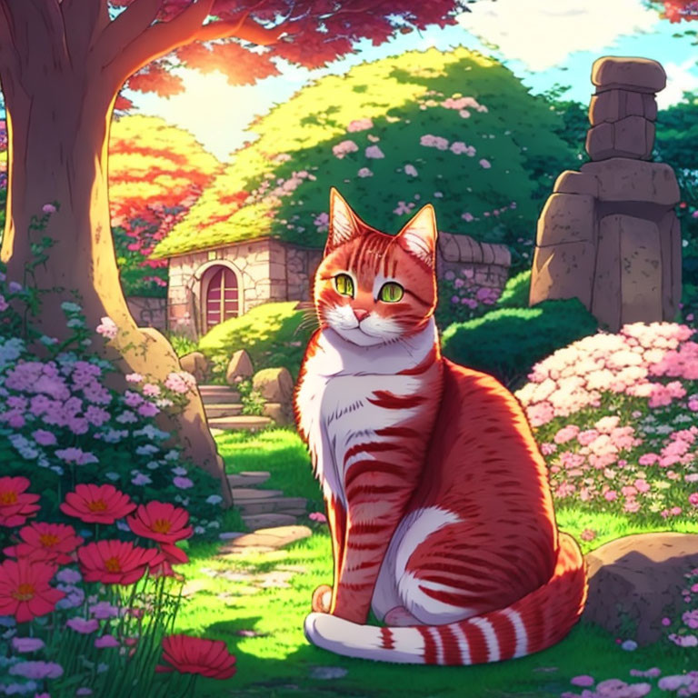 Ginger and White Cat in Vibrant Garden Setting