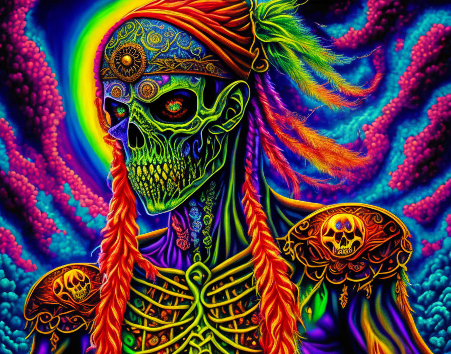 Colorful psychedelic skeleton art with rainbow halo and intricate patterns