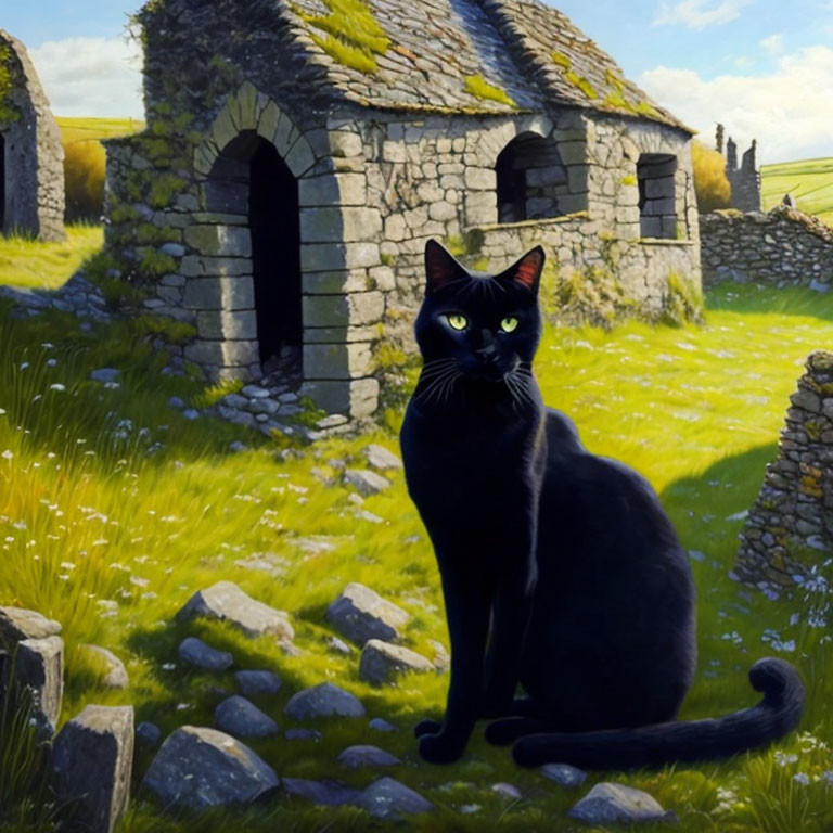 Black cat in lush green landscape with ancient ruins and blue sky