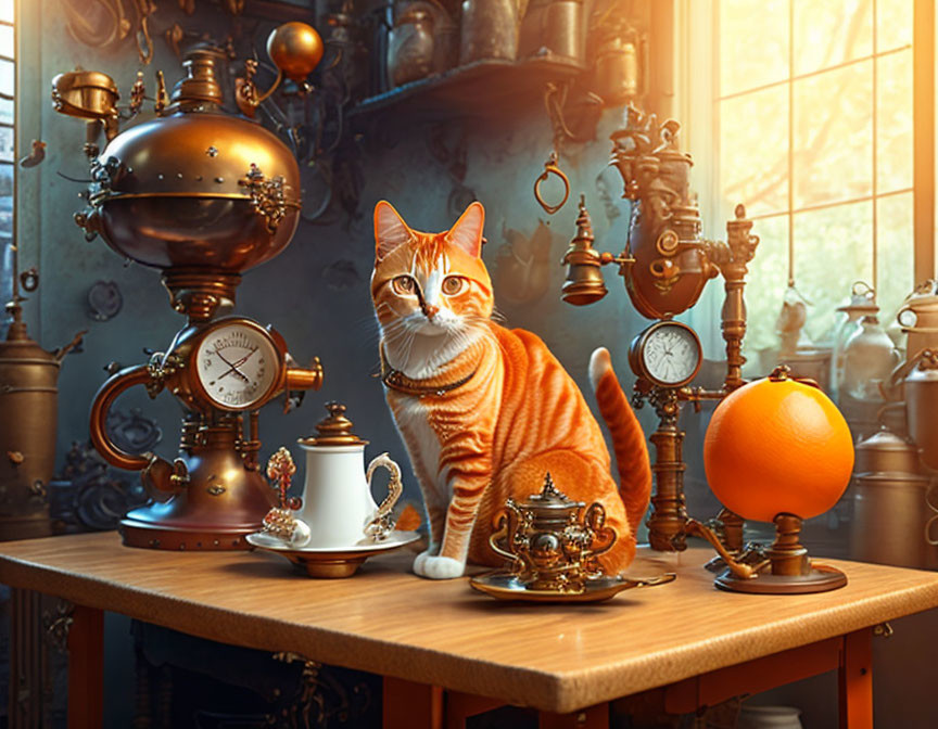 Orange Tabby Cat Surrounded by Vintage Clocks and Antiques