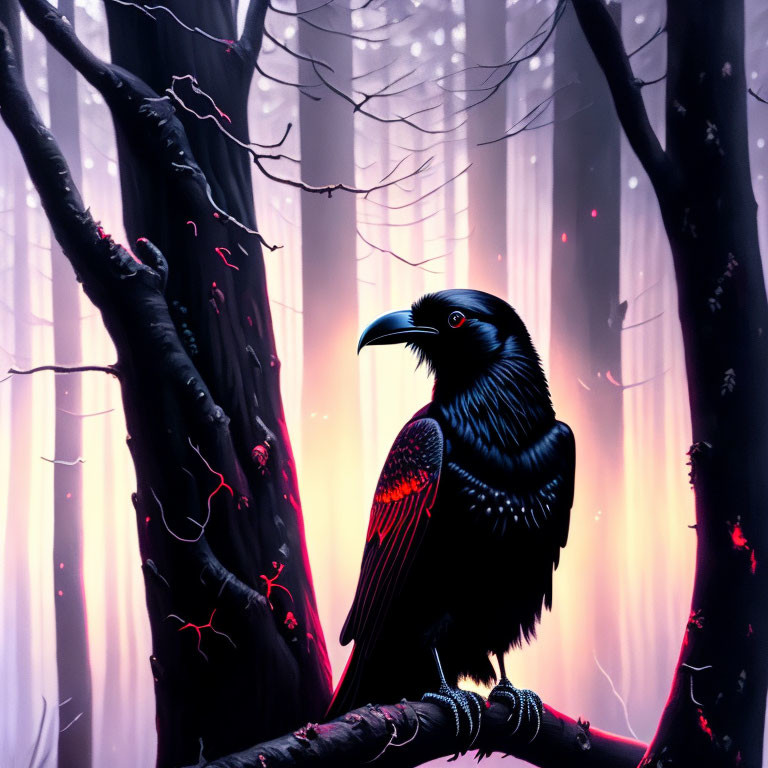 Raven perched in purple forest with sunlight and fog