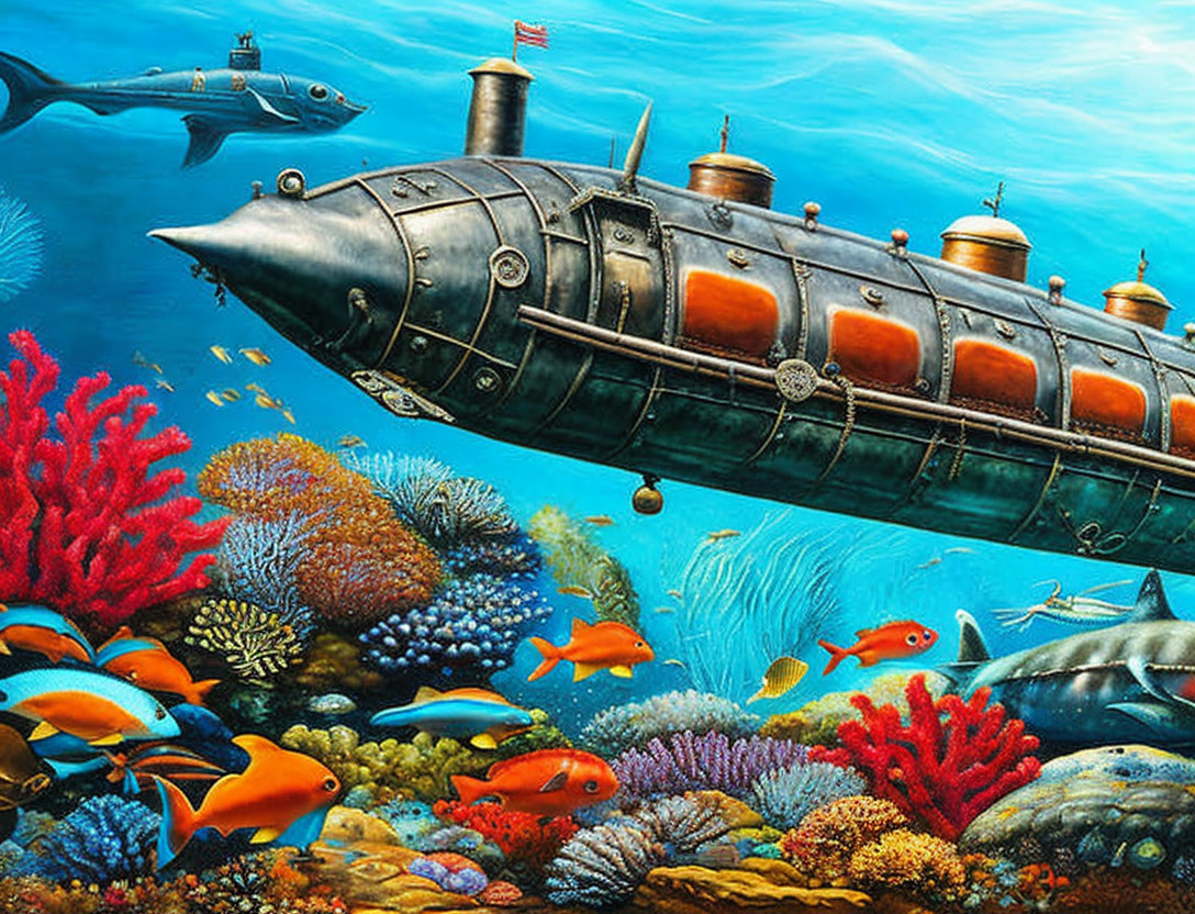 Colorful coral reef with vintage submarine exploring marine life