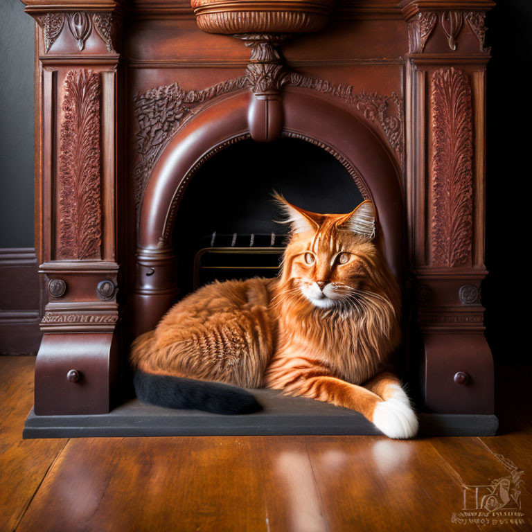 Fluffy orange cat in ornate fireplace gazes to the side