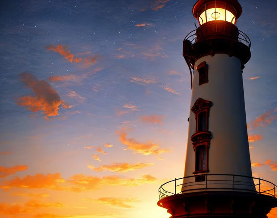 White lighthouse shining in twilight sky with orange hues