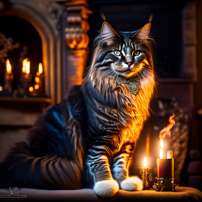 Long-Haired Tabby Cat in Bowtie by Candlelight and Fireplace