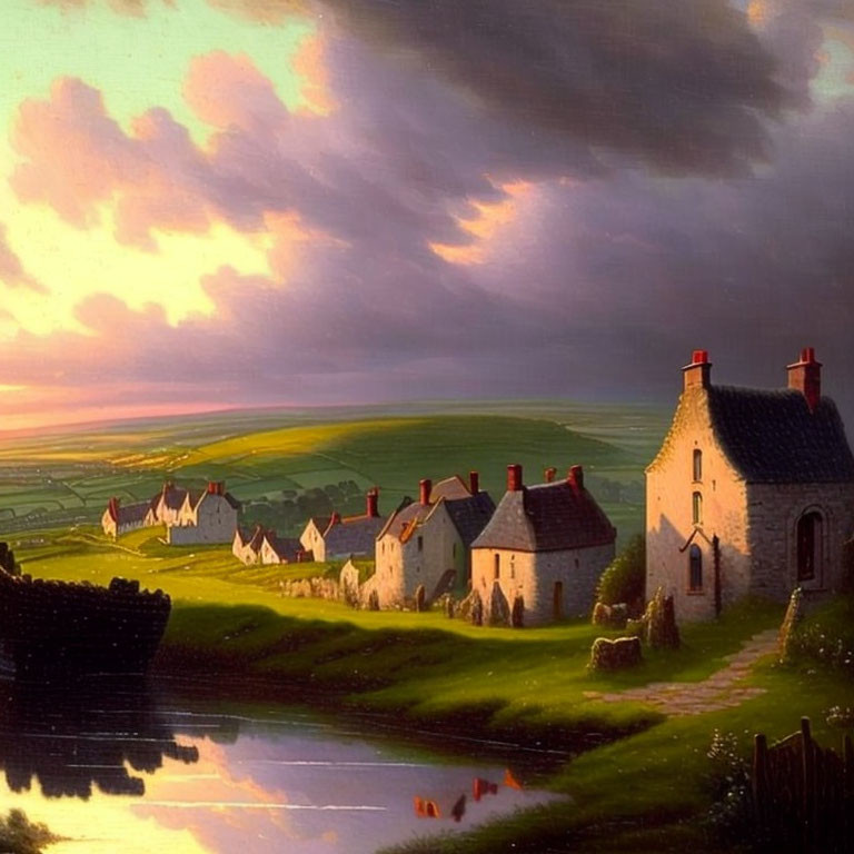 Twilight pastoral scene with cottage, pond, hills, and dynamic sky