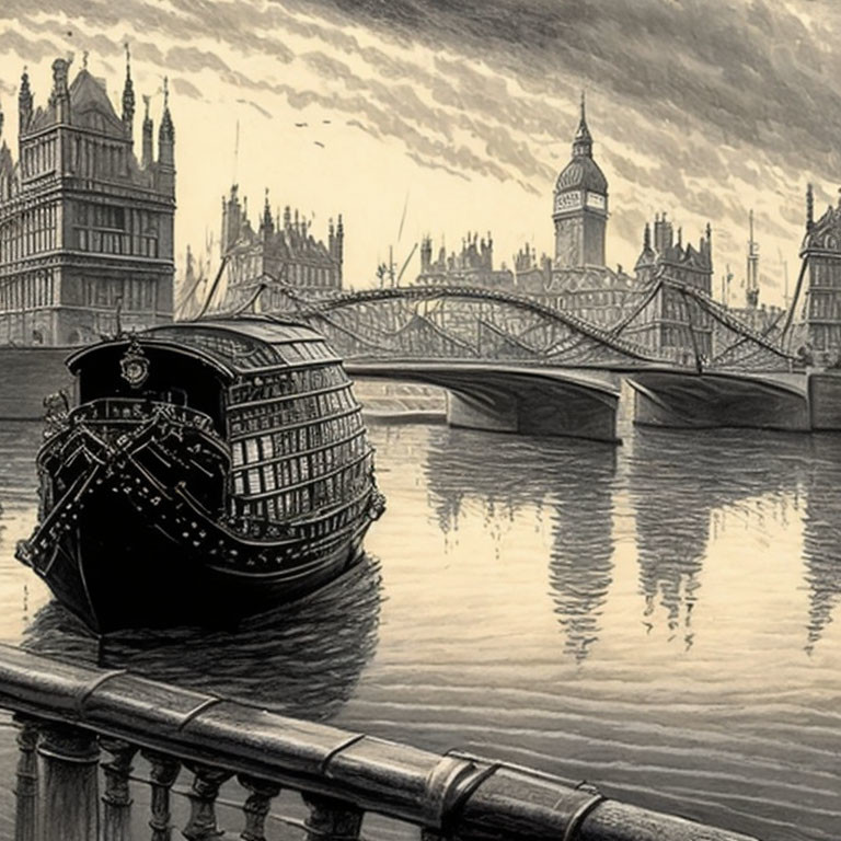 London skyline monochromatic illustration with Big Ben, Westminster Bridge, River Thames, and ornate boat