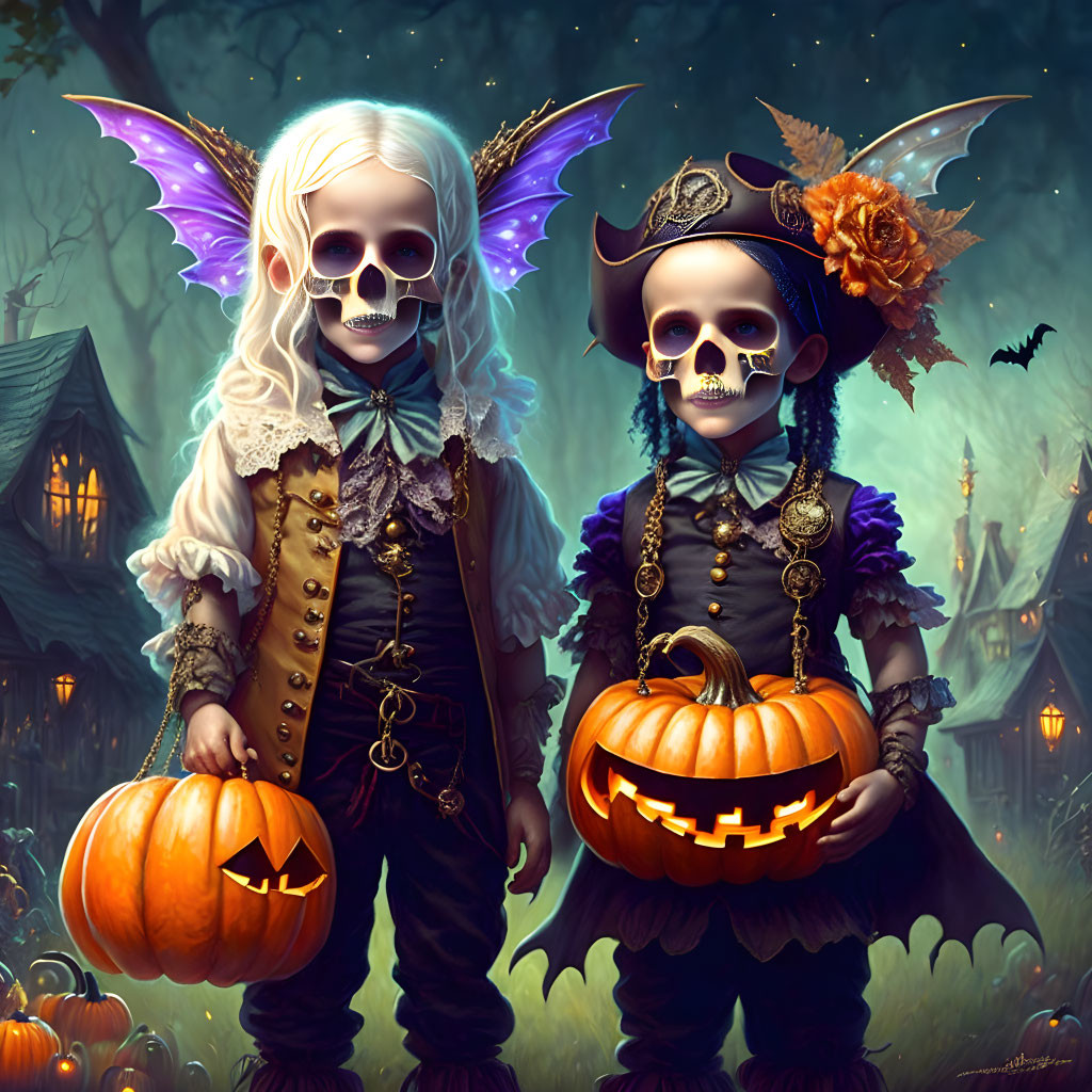 Children in skeletal costumes with jack-o'-lanterns in spooky forest with flying bat