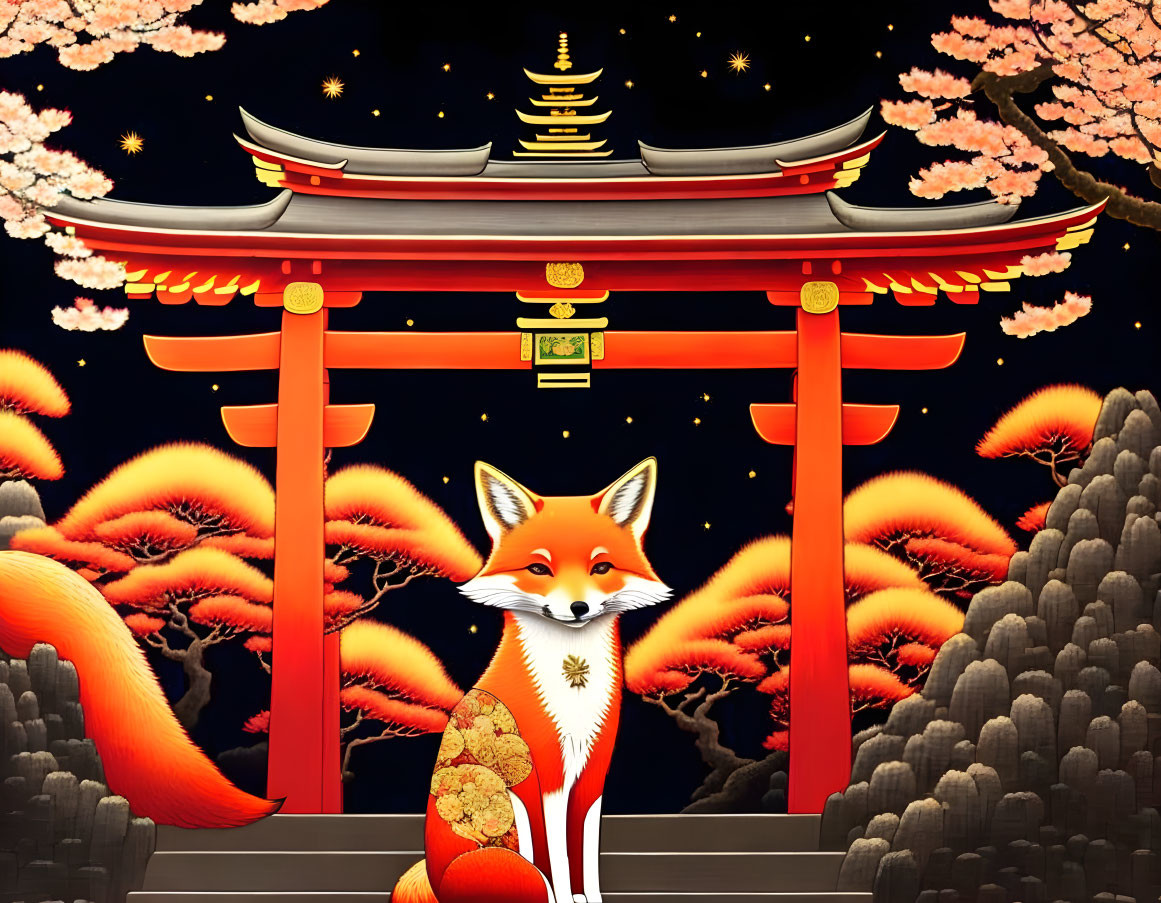 Colorful Fox Illustration with Red Torii Gate, Pagoda, and Cherry Blossoms