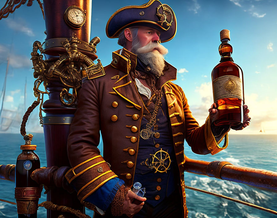 Elaborate captain in uniform with liquor bottle on ship deck