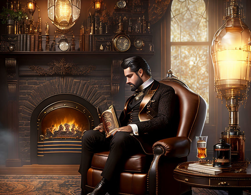 Bearded man reading book in vintage room with fireplace, whisky, and antique clocks