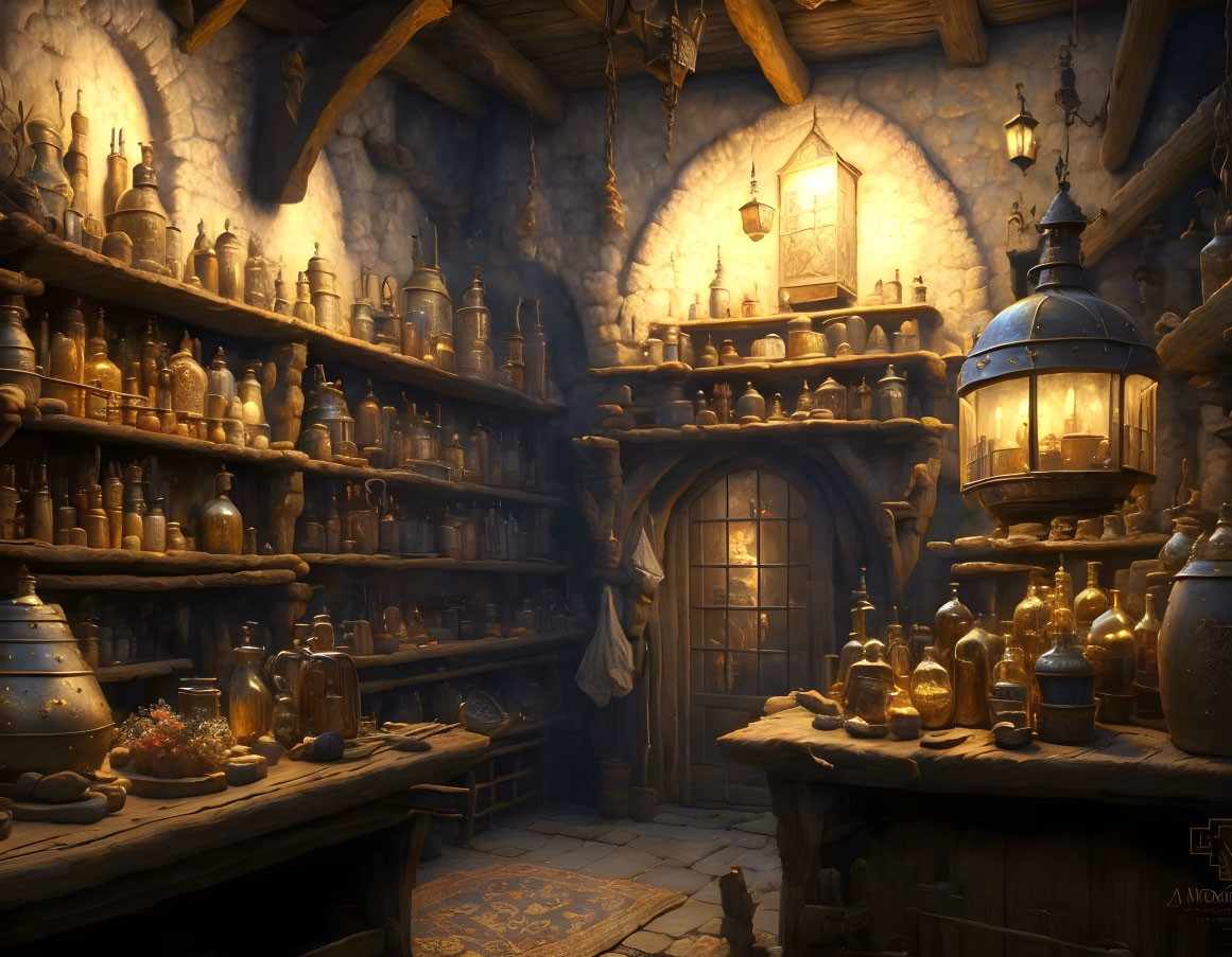 Medieval-style apothecary with shelves, bottles, lantern, and wooden door