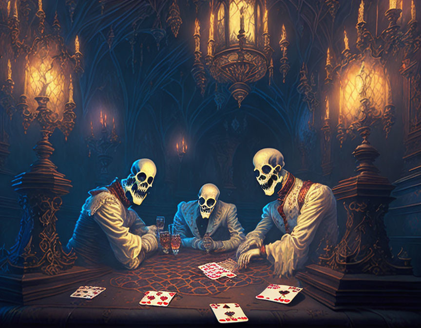 Gothic-style room with skeletons playing cards