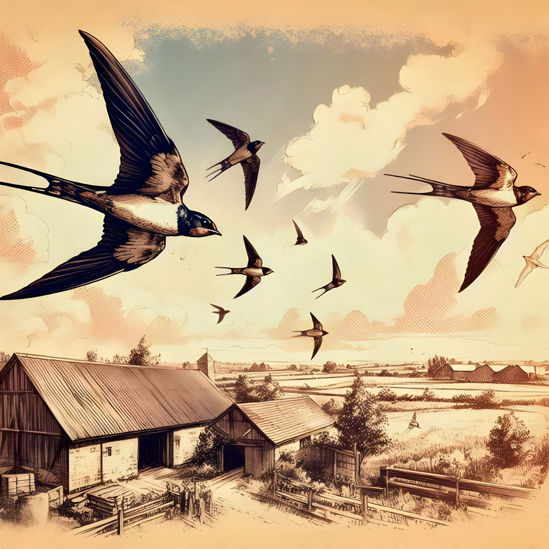 Barn swallows in the Sky over a Farm