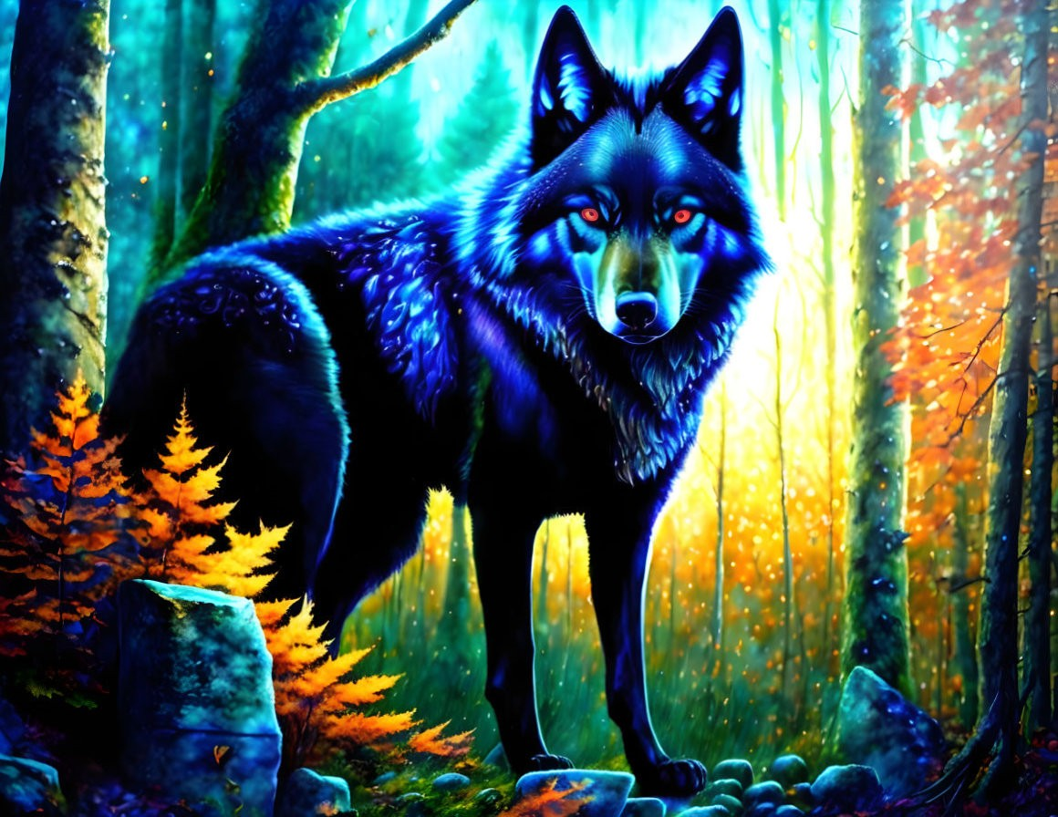 Colorful Digital Illustration: Blue Wolf in Luminous Forest