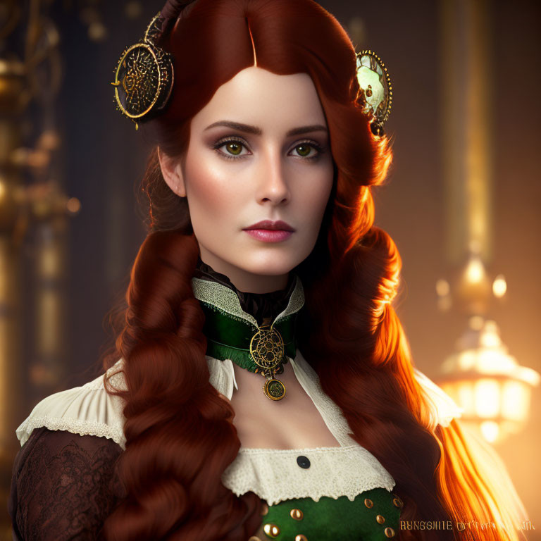 Elaborate Victorian-inspired woman portrait with intricate hairstyles and jewelry