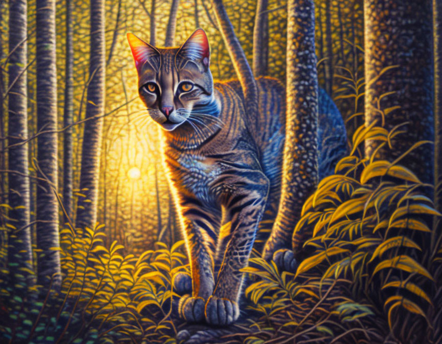 Tabby cat walking in vibrant forest at sunset