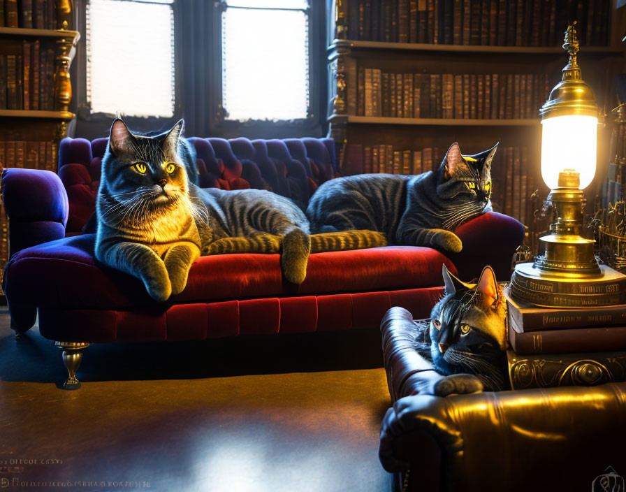 Three Cats Relaxing on Red Sofa in Elegant Library with Vintage Lamp and Books