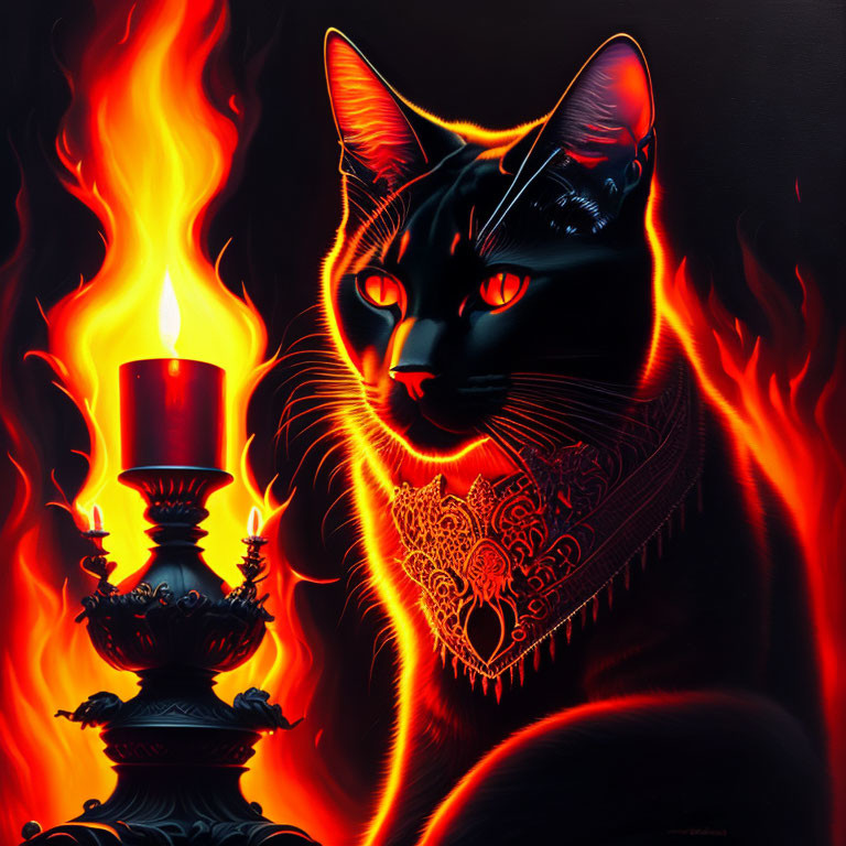 Black cat with luminous eyes and burning candle in fiery glow