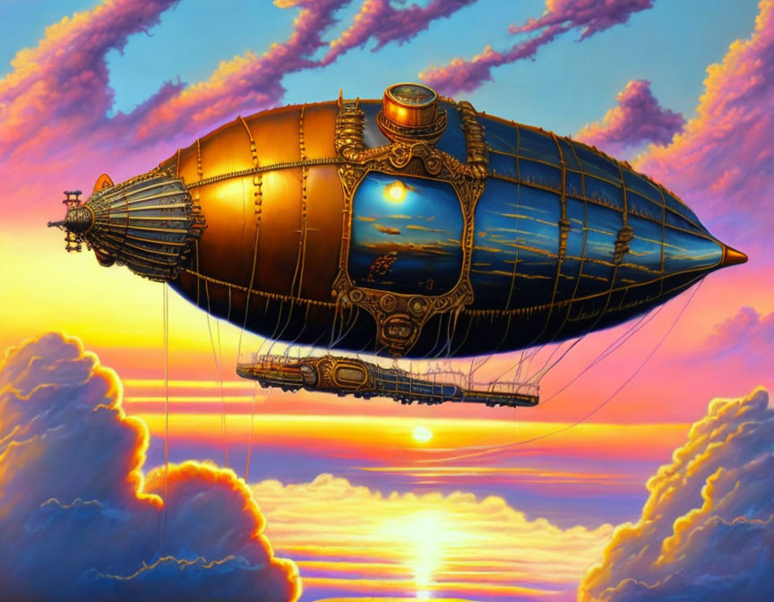 Steampunk airship in colorful sunset sky