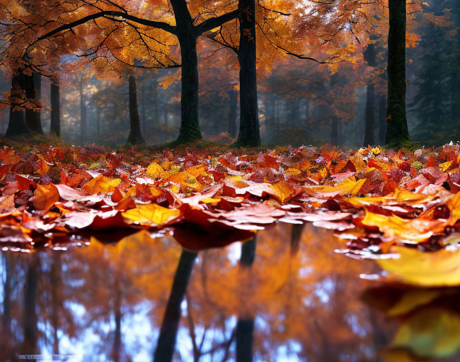 Tranquil autumn landscape with fallen leaves and colorful trees