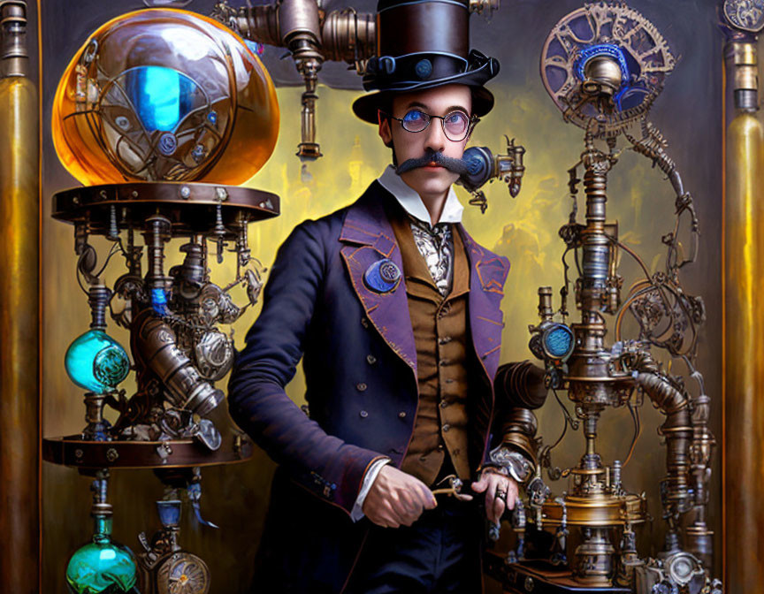 Steampunk man in goggles and top hat with mechanical gears and orbs