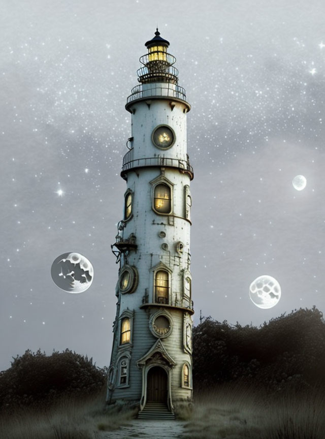 Intricately designed towering lighthouse under night sky with moons