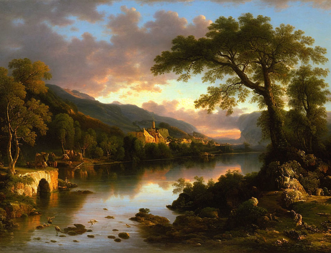 Tranquil landscape: river, trees, old bridge, village, mountains, sunset